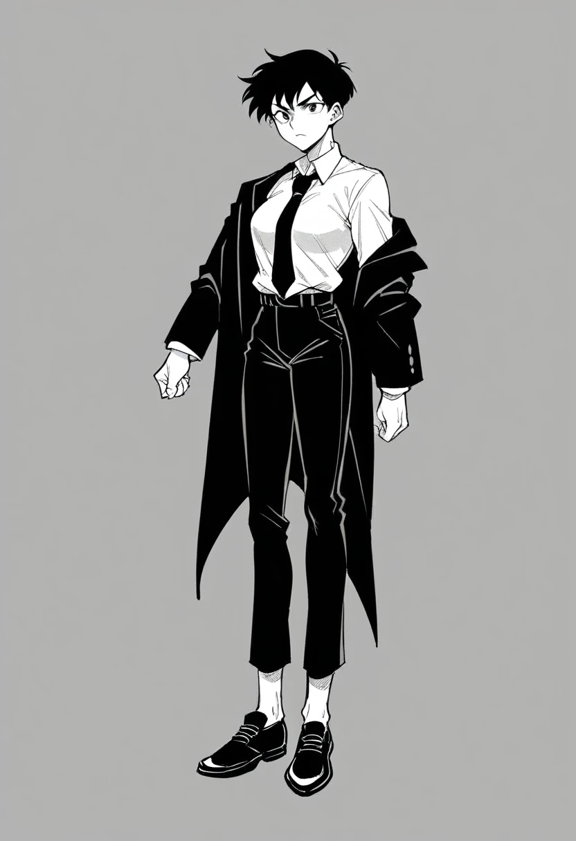 woman, very short black hair, 175cm, black suit and white shirt with suspender, black pants, classic black shoes, animated, manga style, dark atmosphere, hd, 8k, athletic body, black tie, she walks in the street