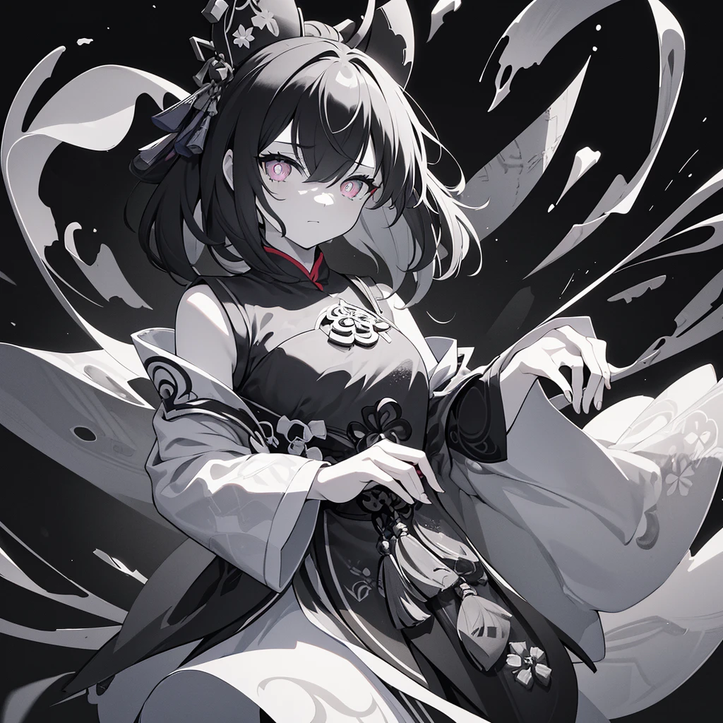 {{{{masterpiece}}}}, {{{hyper detailed}}}, {{{highres}}}, {{good anatomy}}, (((best quality))), ((an extremely delicate and beautiful)), {{an extremely detailed and delicate}}, {8k cg wallpaper}, {{illustration}}, (greyscale with colored background:1.1), ray tracing, bokeh, black background, (splattered ink:1.3), 1girl, solo, hu tao(genshin impact), boo tao, symbol shaped pupils, hiten1,
