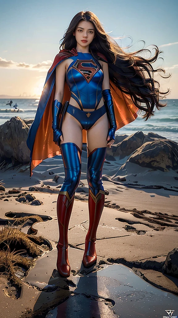 Masterpiece, best quality, NVIDIA RTX, 1girl, full makeups, extremely beautiful, longwavy hair, hair blown by winds, sharp picture, realistic face and skin details, cinematic lightning, facing camera, intricate details, ((Supergirl)), ((tight blue and red suit)), ((tight blue latex panties:1.3)), ((limbs armor:1.3)), ((wearing red tights on your beautiful legs:1.2)), ((Supergirl symbol)), ((cameltoe:1.4)), perfect face, proportional fit body, tall girl , (cape blown by strong winds:1.3), ((full body)), posing in the middle, symmetrical pose, ultra lights reflection, morning at the beach, from below