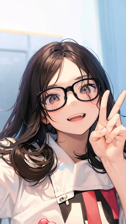 there is a young anime girl in glasses making a peace sign, with index finger, glasses, with an accurate face, with a kind face, , not blurry, glasses, glasses, selfie photo, portrait, portrait, cute anime vtuber, uwu, fried smile, 13 years oldglasses!!