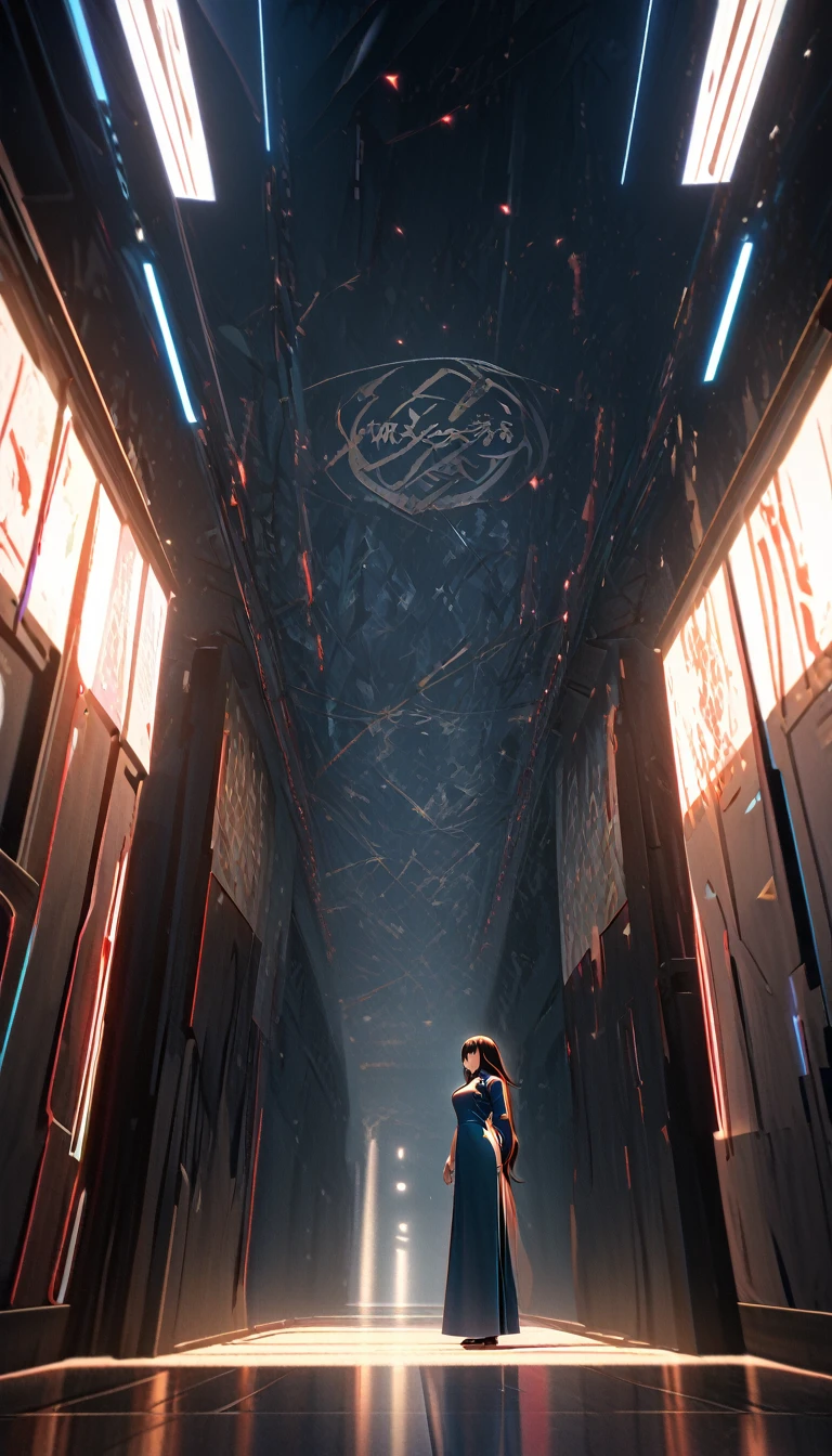 Cheongsam Girl,Long Hair,Pure white background,Depth of written boundary,Low angle view,Calf Level View,Overclocked Renderer,Cinema Lighting,Ultra-fine,Very detailed,complicated,Cinematic Perspective,CG Art,