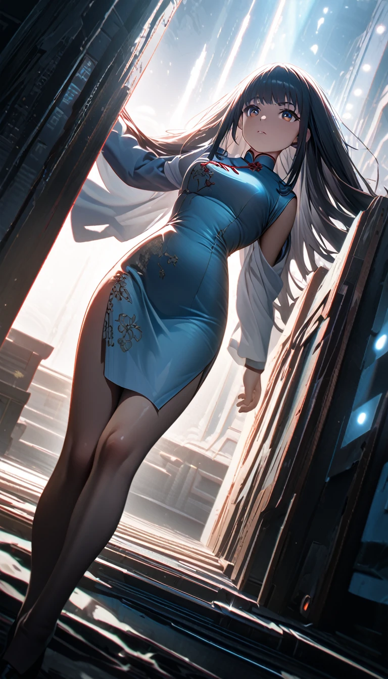 Cheongsam Girl，Long Hair，Pure white background，Depth of written boundary，Low angle view，Calf Level View，Overclocked Renderer，Cinema Lighting，Ultra-fine，Very detailed，complicated，Cinematic Perspective，CG Art，