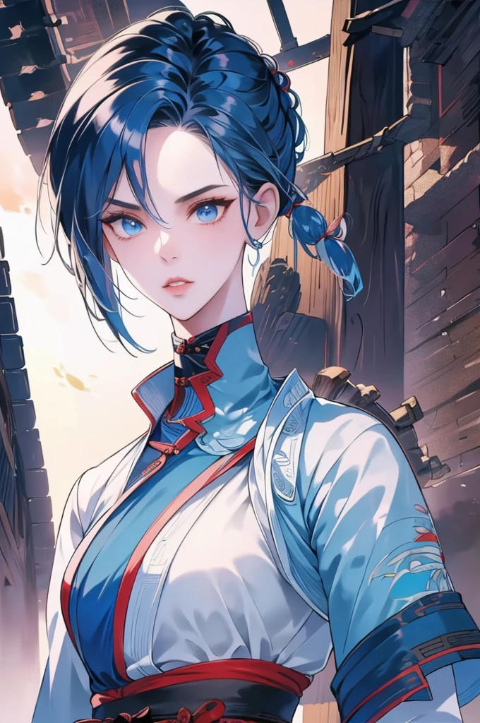 Masterpiece, Best quality, 1 Ji Ruxue, the expression is cold, strong, blue eyes, short hair, wolfcut hairstyle, smoky mix blue color hair, resolute eyes, red lips, simple Taoist Taoist uniform, Chinese mix morden, frontal photo, black or white background, simple background, anime, illustration, Chinese style short-sleeved shirt, cool girl, Full body frontal photo, full HD, chibi