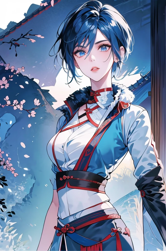 Masterpiece, Best quality, 1 Ji Ruxue, the expression is cold, strong, blue eyes, short hair, wolfcut hairstyle, smoky mix blue color hair, resolute eyes, red lips, simple Taoist Taoist uniform, Chinese mix morden, frontal photo, black or white background, simple background, anime, illustration, Chinese style short-sleeved shirt, cool girl, Full body frontal photo, full HD, chibi