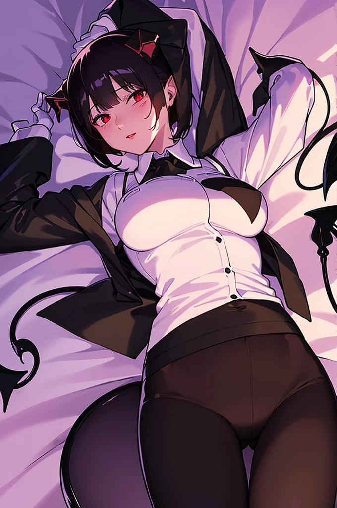 work of art, best qualityer, high resolution, 1girl horns short hair demon tail, white shirt black ascot black gloves black pants black vest lying on your back, sheet, arms up,blushed,face red,cos,ssmile
