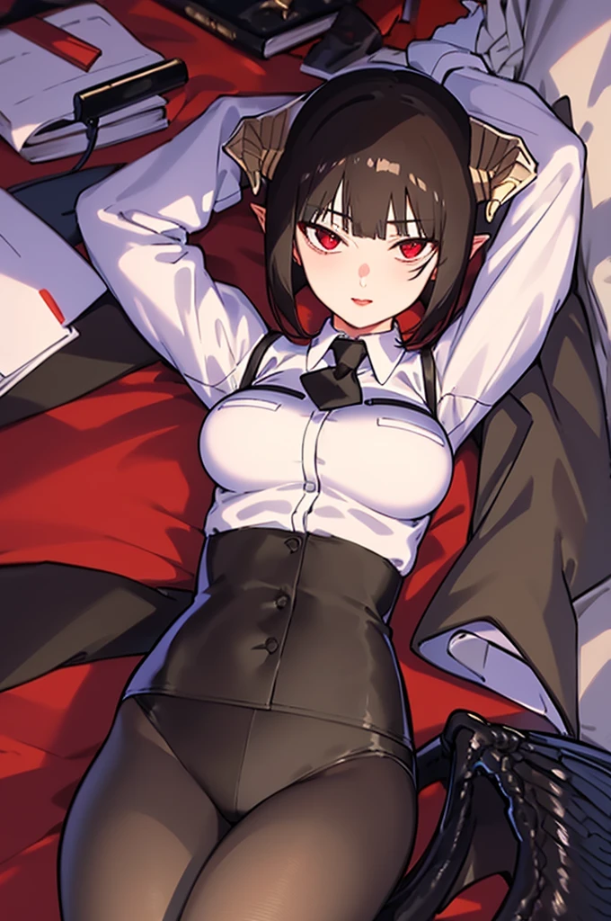 work of art, best qualityer, high resolution, 1girl horns short hair demon tail, white shirt black ascot black gloves black pants black vest lying on your back, sheet, arms up,blushed,face red,cos,ssmile
