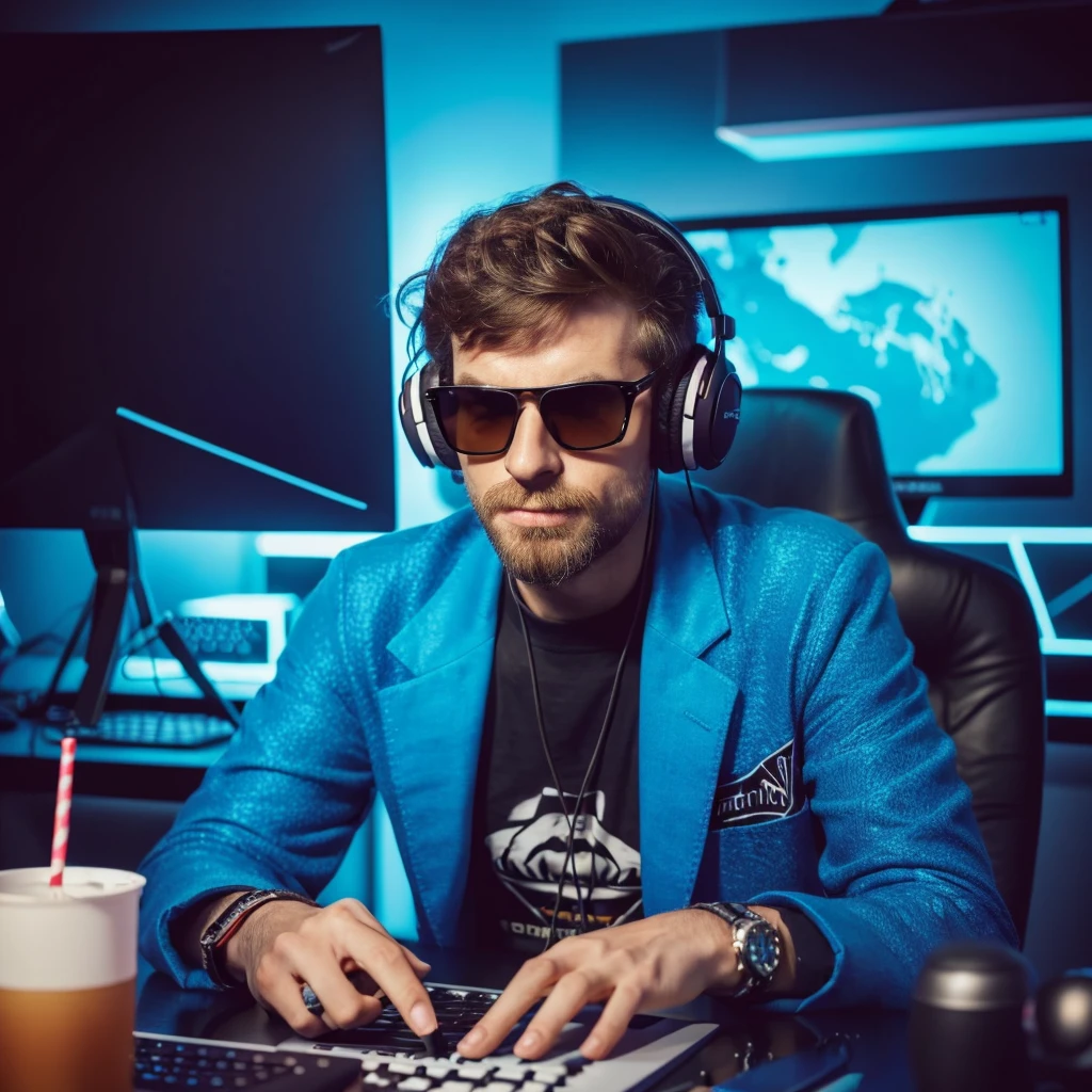 arafed man in sunglasses sitting at a desk with a laptop and microphone, twitch streamer / gamer ludwig, high quality portrait, sitting in front of a microphone, twitch streamer, cool looking, rapping into microphone, youtuber, background artwork, with head phones, anton fadeev 8 k, portrait shot, professional profile picture, studio shot, raphael personnaz