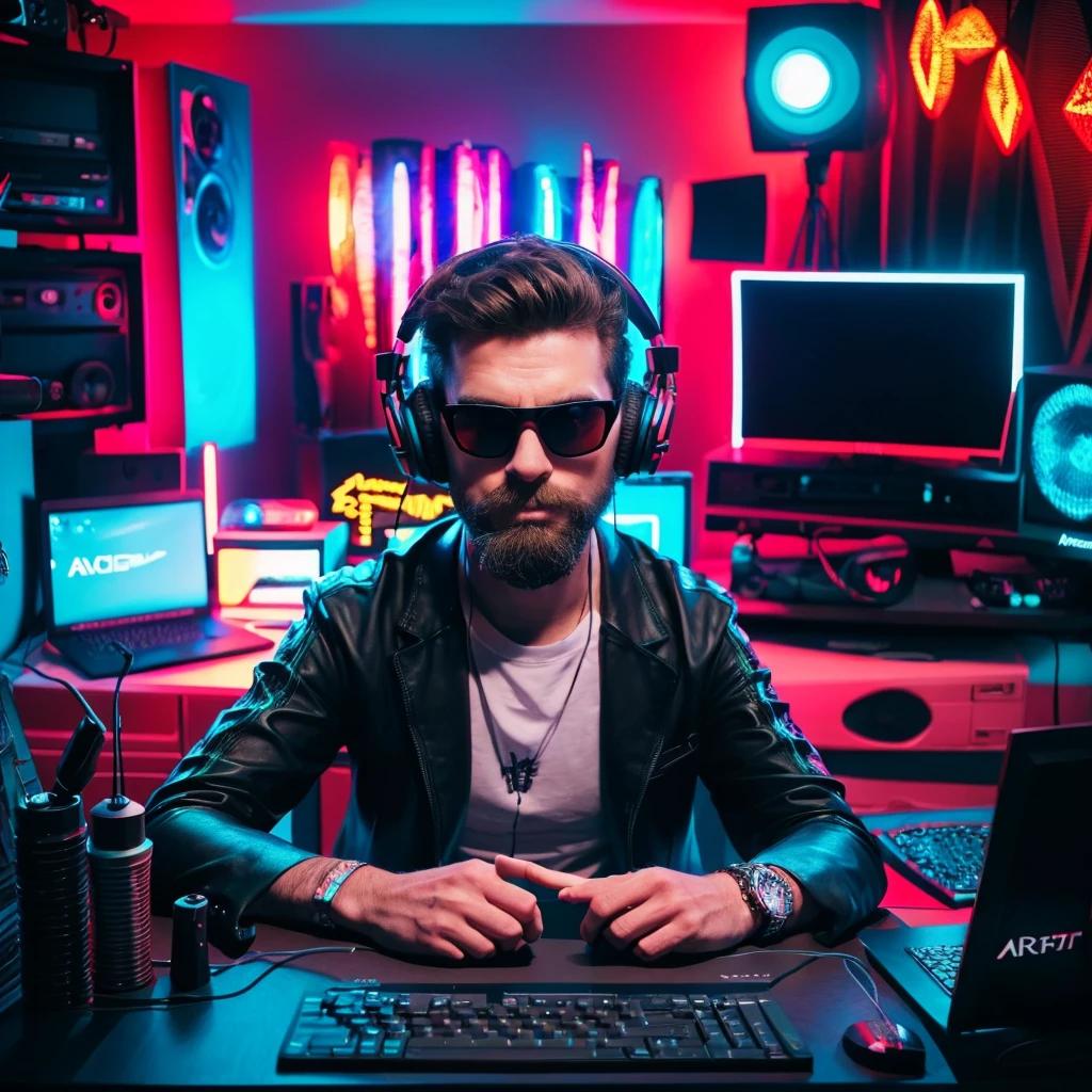 arafed man in sunglasses sitting at a desk with a laptop and microphone, twitch streamer / gamer ludwig, high quality portrait, sitting in front of a microphone, twitch streamer, cool looking, rapping into microphone, youtuber, background artwork, with head phones, anton fadeev 8 k, portrait shot, professional profile picture, studio shot, raphael personnaz