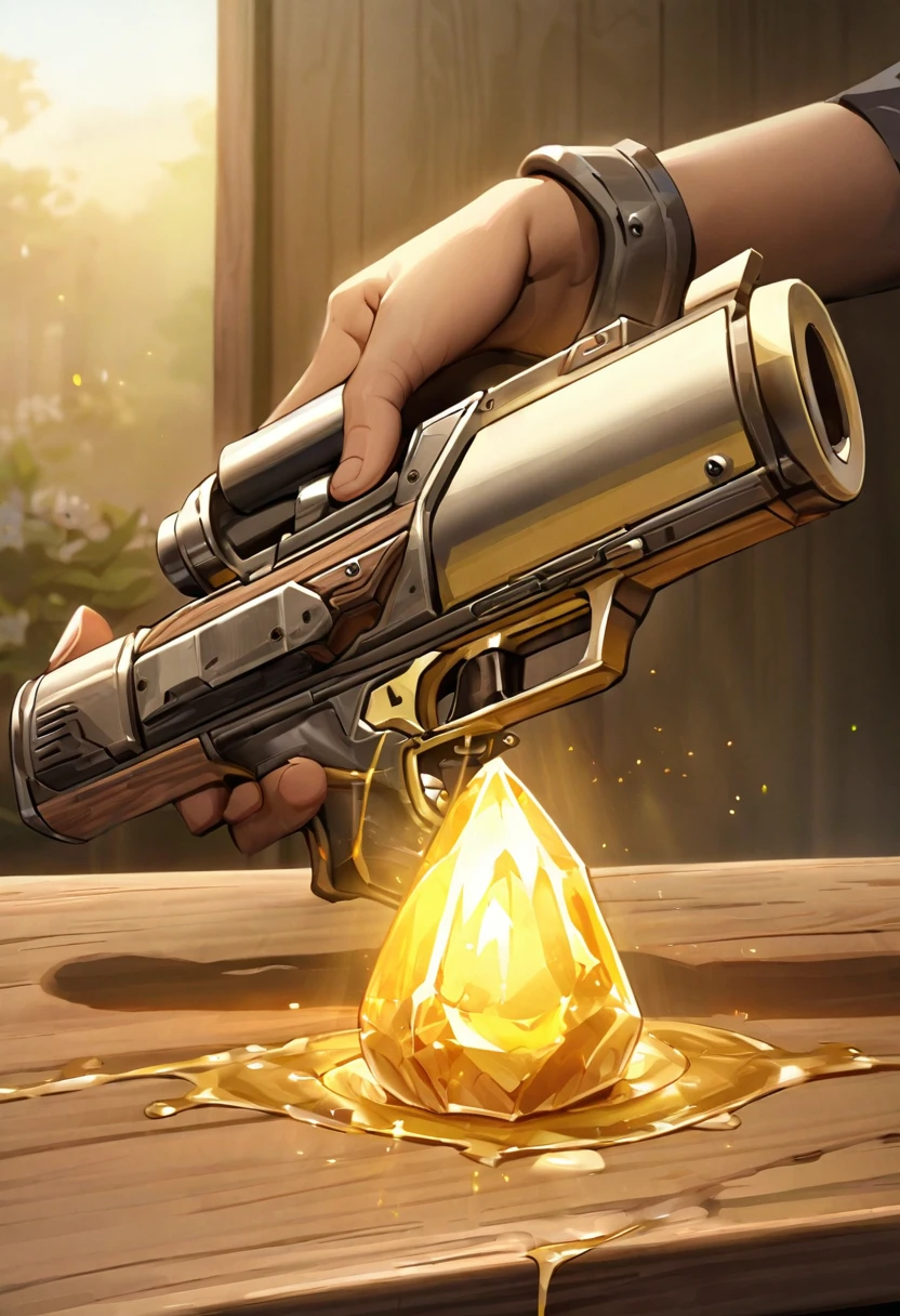 Sleeve cover style, detailed. best quality, art, detailed face, in the style of Lora Marvin. A handcrafted laser pistol with a polished metal main body, molded from thin sheet and cut into the ergonomic shape of a gun handle. The trigger is made of flexible strips of wood, fixed to the body with sticky tree sap, giving it a rustic appearance. On the front is a bright yellow sunstone crystal, which serves as a power source. A small switch near the crystal controls the flow of energy, allowing the weapon to emit a bright, focused laser beam.

the pistol is on a wooden table