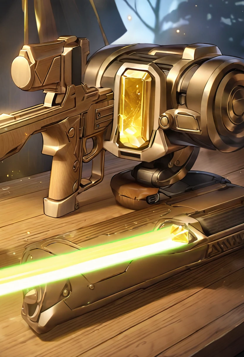 Sleeve cover style, detailed. best quality, art, detailed face, in the style of Lora Marvin. A handcrafted laser pistol with a polished metal main body, molded from thin sheet and cut into the ergonomic shape of a gun handle. The trigger is made of flexible strips of wood, fixed to the body with sticky tree sap, giving it a rustic appearance. On the front is a bright yellow sunstone crystal, which serves as a power source. A small switch near the crystal controls the flow of energy, allowing the weapon to emit a bright, focused laser beam.

the pistol is on a wooden table