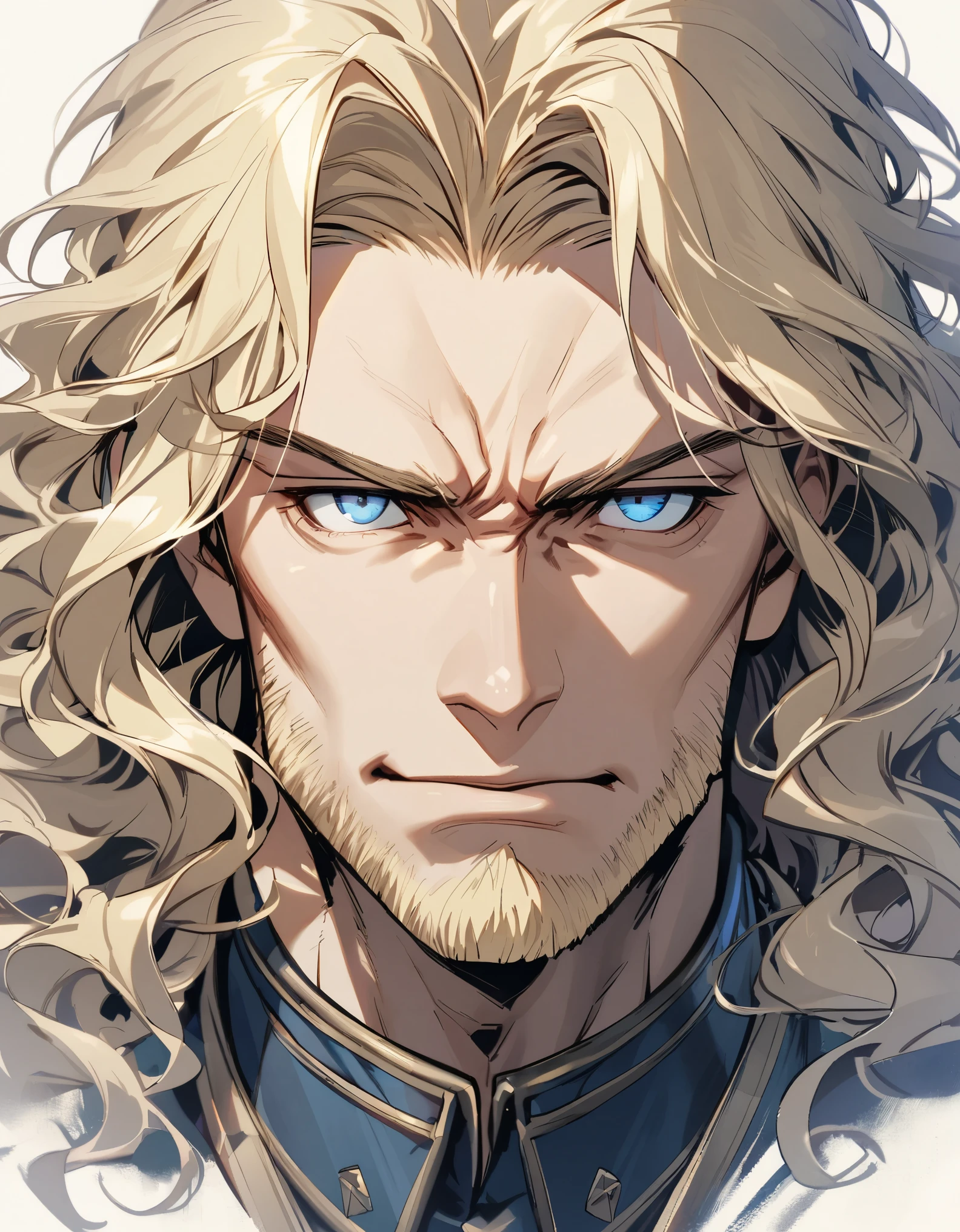 male, late 30s, blond, shoulder-length, middle-part wavy hair, light-purple, deep-set, Sanpaku eyes, slightly thick blond beard, aquiline and hooked nose, slightly underbite, chiseled, slightly long face, fearless expression, navy blue military wear, portrait