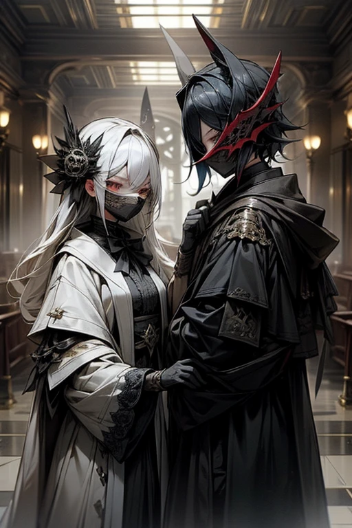 There were twins who belonged to an evil secret society.。They are wearing black and white coats。2Everyone was wearing a masquerade mask。
