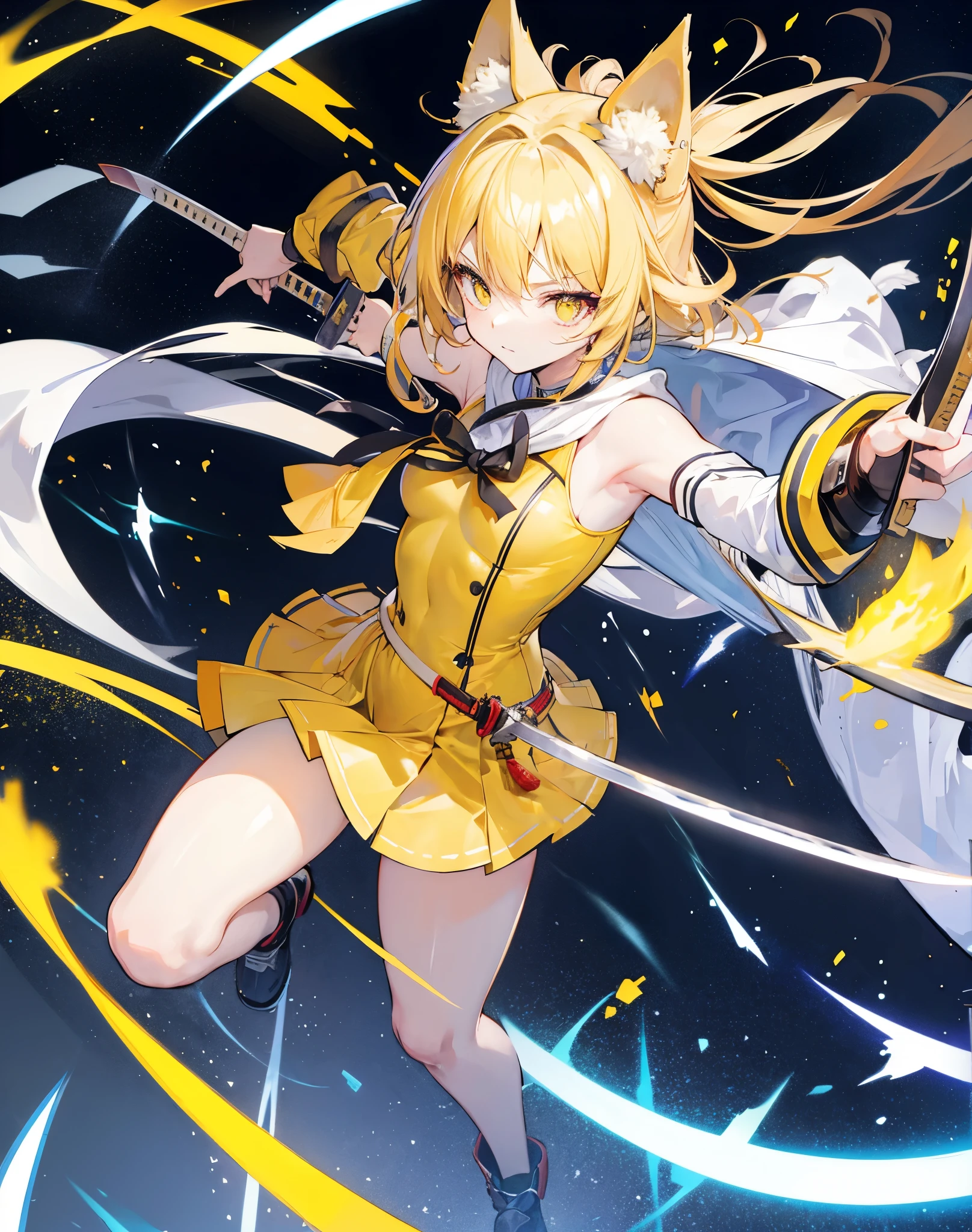 Yellow as a girl, neko ears, thunder power, Armed with a katana 