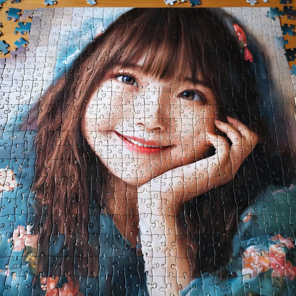 a ultra realistic beautiful photograph, A 500-piece jigsaw puzzle spread out on a table. As each piece is put together, the image of a girl gradually emerges. Her smile, eyes, hair color, and clothing design… everything is depicted in detail. With each completed puzzle, the story of the girl becomes a little clearer.