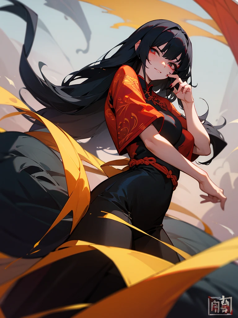 female black dragon,long black hair,Bloody conjunctivitis,sly face,beautiful woman,Wear a cheongsam