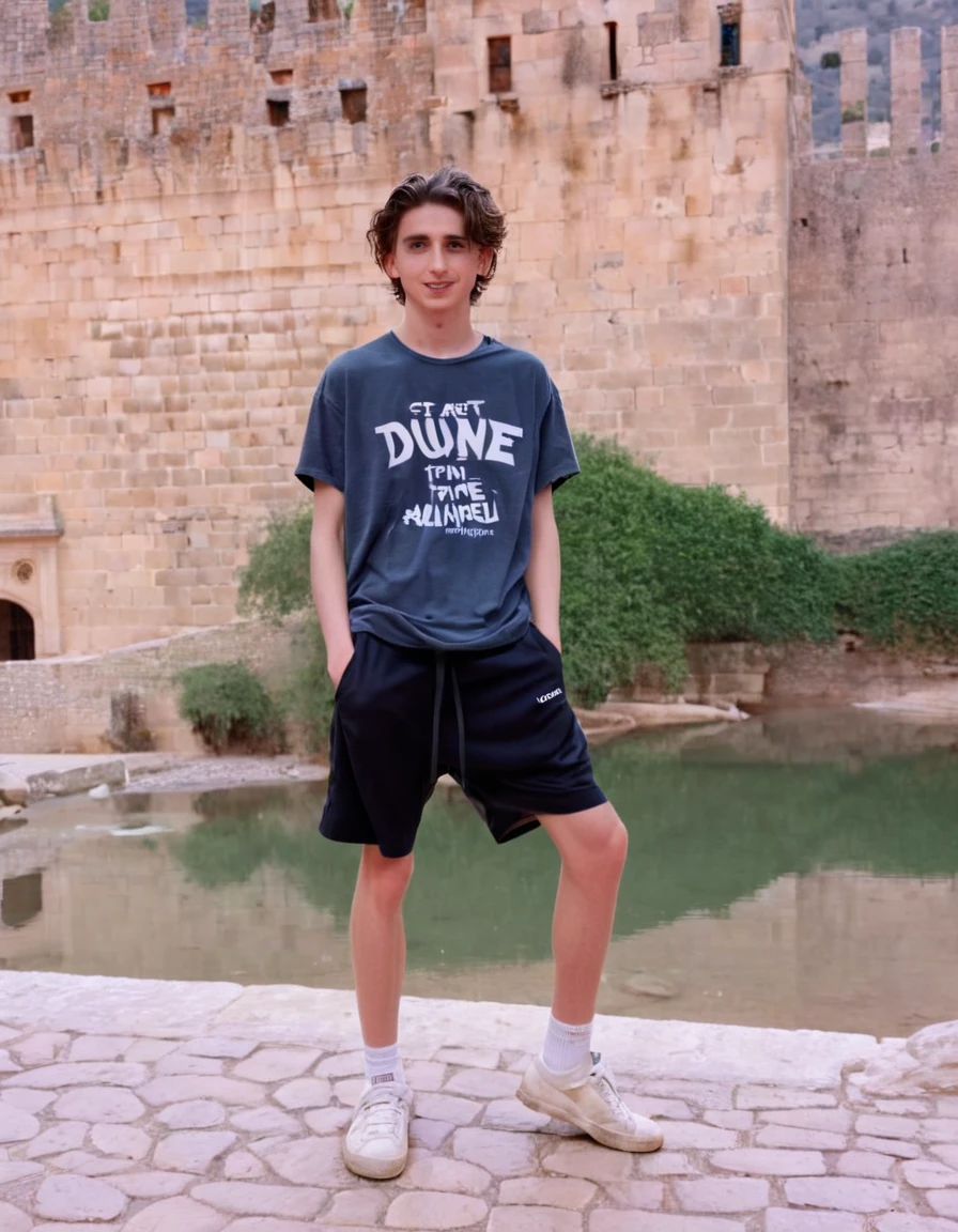 Timothée Chalamet, sweaty boy, in outside Alhambra castle in Spain, no clothing, far from camera, whole body, braces, age 19, wavy tiktok hair, boxer, bare feet, wearing no t-shirt topless, Alhambra castle in Spain, short fine armpit hair, flexing, in the water, veiny arms, cute, tall, lean, not muscular, wispy pubes, muscular teen masterpiece, high resolution, feet visible, no shoes, very dirty feet, skinny, tall, foot fetish, tall boy, teen boyaces, best quality, sticky armpit hair, sticky, glue on floor, wet floor, sticky clothes, drops on underwear, drops on shorts, sticky on shorts, drops on floor, sweaty face, sweaty hair, Dune by Herbert, Science fiction
