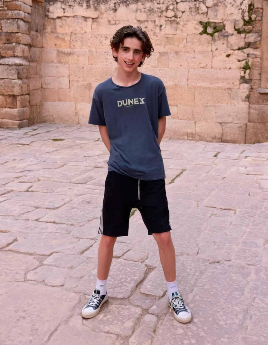 Timothée Chalamet, sweaty teen boy, in outside Alhambra castle in Spain, no clothing, far from camera, whole body, braces, age 19, wavy tiktok hair, boxer, bare feet, wearing no t-shirt topless, Alhambra castle in Spain, short fine armpit hair, flexing, in the water, veiny arms, cute, tall, lean, not muscular, wispy pubes, muscular teen boy masterpiece, high resolution, feet visible, no shoes, very dirty feet, skinny, tall, foot fetish, tall boy, teen boy, braces, best quality, sticky armpit hair, sticky, glue on floor, wet floor, sticky clothes, drops on underwear, drops on shorts, sticky on shorts, drops on floor, sweaty face, sweaty hair, Dune by Herbert, Science fiction