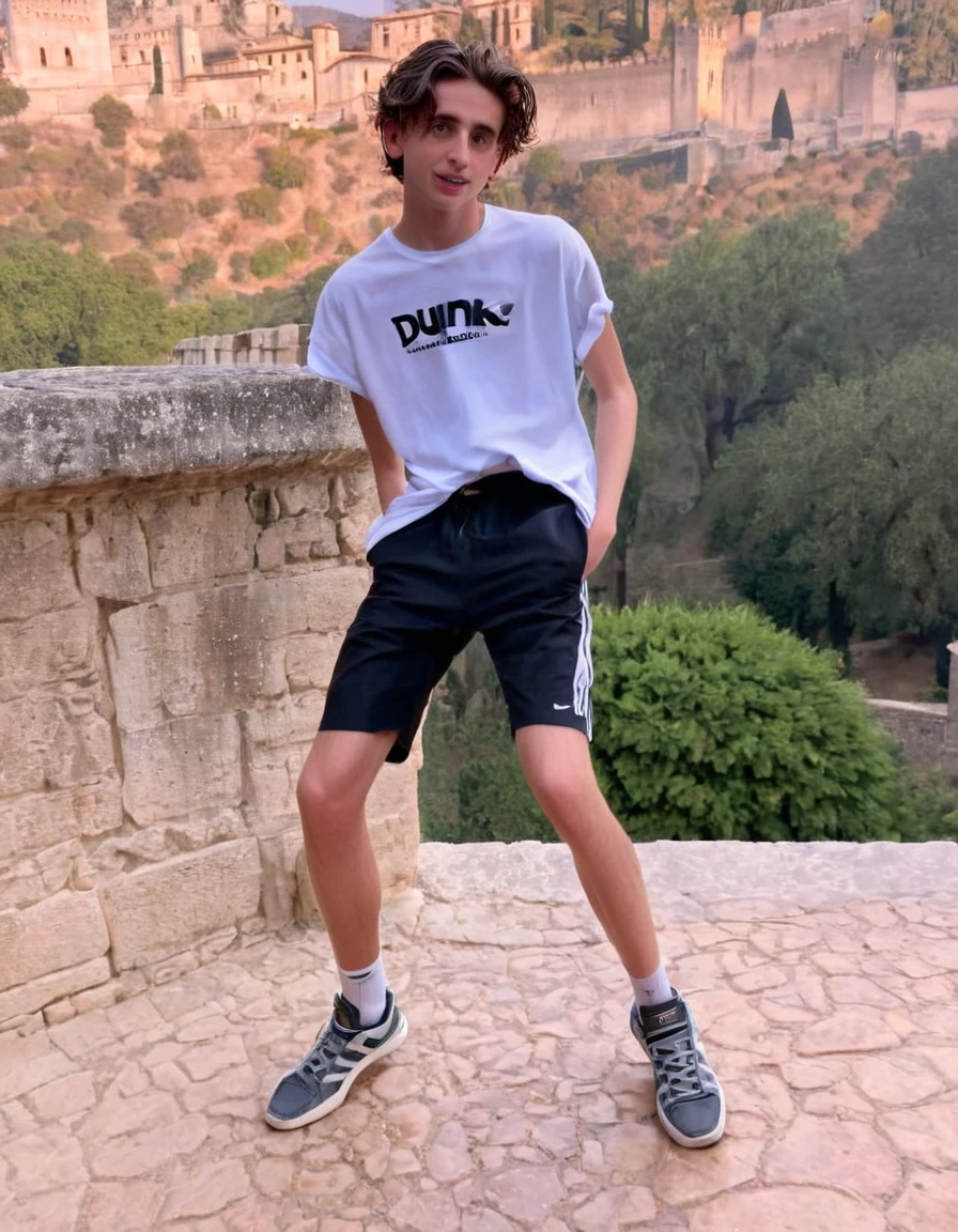 Timothée Chalamet, sweaty teen boy, in outside Alhambra castle in Spain, no clothing, far from camera, whole body, braces, age 19, wavy tiktok hair, boxer, bare feet, wearing no t-shirt topless, Alhambra castle in Spain, short fine armpit hair, flexing, in the water, veiny arms, cute, tall, lean, not muscular, wispy pubes, muscular teen boy masterpiece, high resolution, feet visible, no shoes, very dirty feet, skinny, tall, foot fetish, tall boy, teen boy, braces, best quality, sticky armpit hair, sticky, glue on floor, wet floor, sticky clothes, drops on underwear, drops on shorts, sticky on shorts, drops on floor, sweaty face, sweaty hair, Dune by Herbert, Science fiction