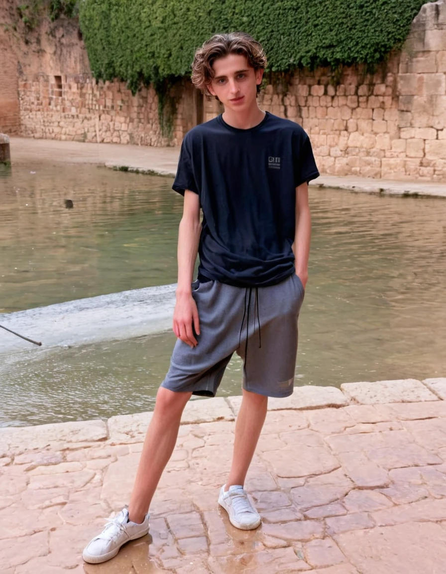 Timothée Chalamet, sweaty  boy, in outside Alhambra castle in Spain, no clothing, far from camera, whole body, braces, age 19, wavy tiktok hair, boxer, bare feet, wearing no t-shirt topless, Alhambra castle in Spain, short fine armpit hair, flexing, in the water, veiny arms, cute, tall, lean, not muscular, wispy pubes, muscular teen boy masterpiece, high resolution, feet visible, no shoes, very dirty feet, skinny, tall, foot fetish, tall boy, teen, braces, best quality, sticky armpit hair, sticky, glue on floor, wet floor, sticky clothes, drops on underwear, drops on shorts, sticky on shorts, drops on floor, sweaty face, sweaty hair, Dune by Herbert, Science fiction