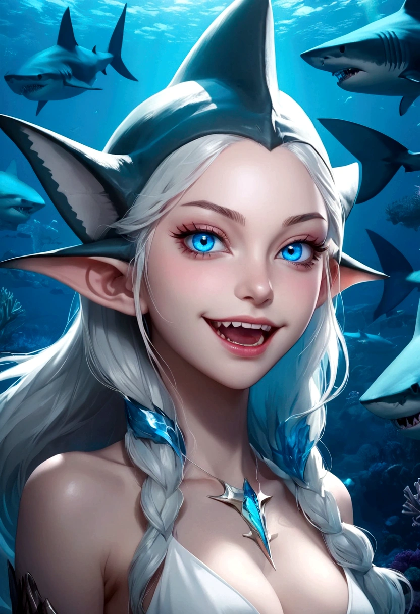 Fantasy Undersea，Shark Elf Girl，blue eyes，Sharp Fangs，Shark fin feature on back，look back,fierce