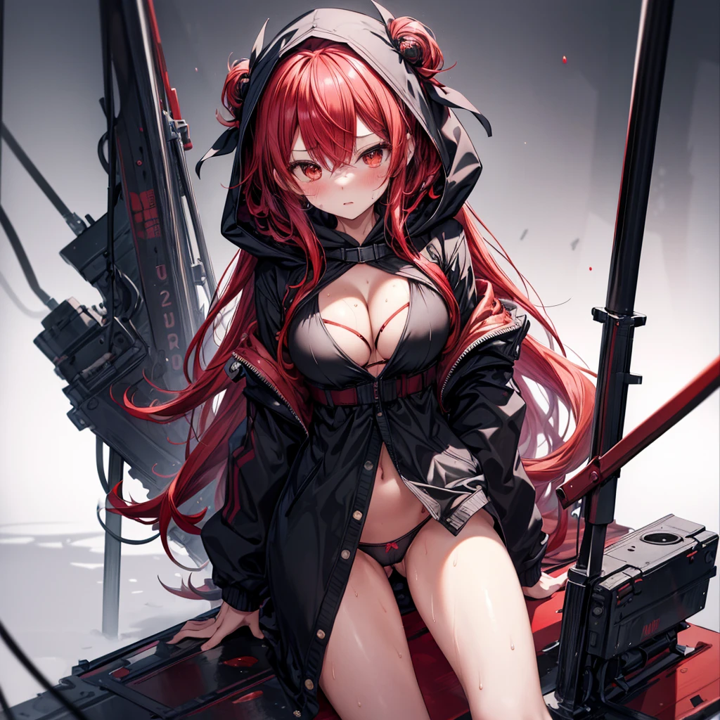 ((Highest quality)), ((masterpiece)), (detailed), an anime girl with small hips and big in black and red, 1girl, breasts, underwear, hood, 独奏, panties, red hair, hooded jacket, panty pull, large breasts, blush, jacket, long hair, black panties, cleavage, black jacket, leaning forward, see through, wet, (sweat)