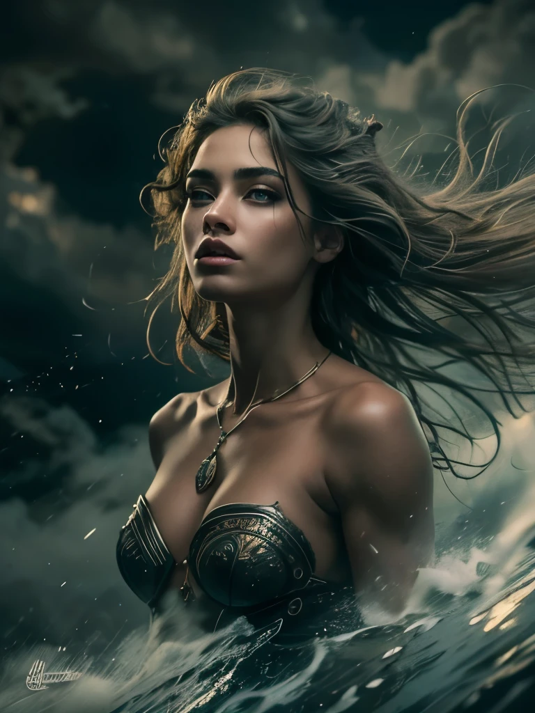 (Masterpiece.uhd.  Oil painting.)Medium full shot. stunning goddess, young woman, age 23. fit body, walking above black storm clouds, detailed face, beautiful eyes, full lips, detailed skin, flowing hair, epic scale, dramatic lighting, fantasy, cinematic, vibrancy, photorealistic, hyper detailed, 8k, masterpiece, award-winning art