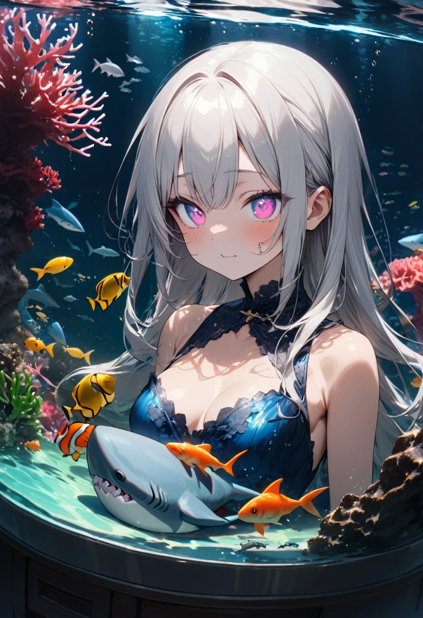 Highest quality, Super quality, 16K, Incredibly absurd, Very detailed, 2.5D, delicate and dynamic, aquarium, Large sink, Colorful Coral, Small faint light and small fish, shark, In the water, under the sea, , , , Small face, Extremely delicate facial expression, Delicate eye depiction, Upper body close-up, erotic, Monster, sole sexy shark, healthy shaped body, 22 years old lady, , 170cm tall, huge firm bouncing busts, 全身sharkのコスチューム, sharkの着ぐるみ, sharkの背びれ, sharkの頭の形の帽子, , , sharkと一緒に泳ぐ