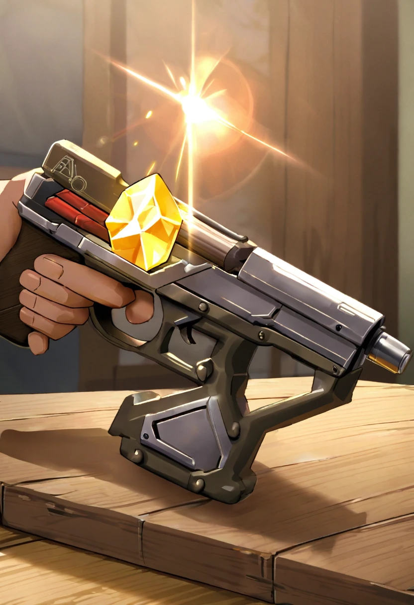 A handcrafted laser pistol with a polished metal main body, molded from thin sheet and cut into the ergonomic shape of a gun handle. The trigger is made of flexible strips of wood, fixed to the body with sticky tree sap, giving it a rustic appearance. On the front is a bright yellow sunstone crystal, which serves as a power source. A small switch near the crystal controls the flow of energy, allowing the weapon to emit a bright, focused laser beam.
the pistol is on a wooden table