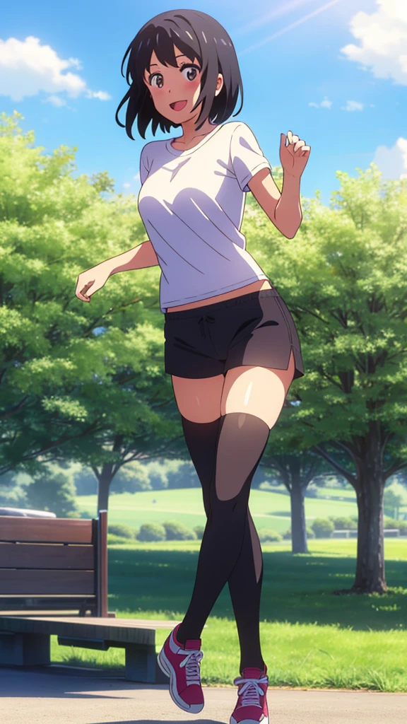 masterpiece, best quality, highres, hmochako, blush stickers, short hair, extra large breasts, pink strapless croptop, open-toe platform high heels, tight booty shorts, smile, open mouth, running, forest background, legs spread apart
