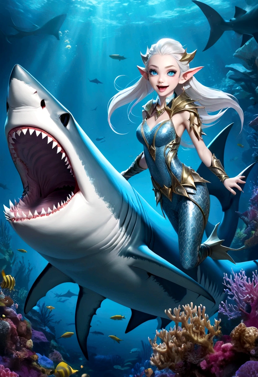 Fantasy Undersea,Shark elf girl has a shark-like appearance,Shark features are obvious,blue eyes,((Sharp fangs,Squamous skin)), Shark fin feature on back,Perfect proportion, Beautiful Body,View from behind,,Floating in seaweed underwater fantasy scene, coral, And tropical fish, Detailed and realistic 3D rendering, light, Bright colors, Concept art style