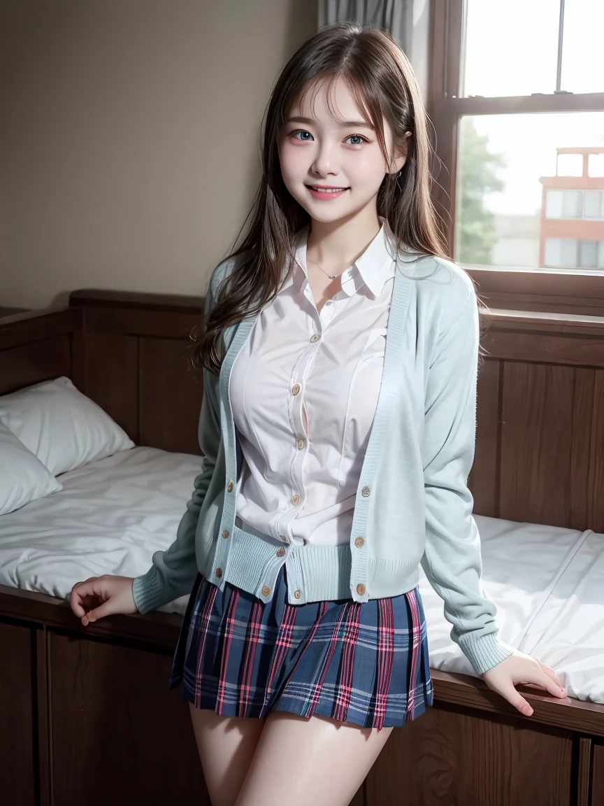 ((masterpiece))、((Highest quality))、photograph、reality、High resolution、Advanced Depth of Field、become close、Realistic lighting、secretary、((Early teens:1.5))、((Young face:1.5))、((Primary school students:1.5))、(Short)、Delicate facial features、Realistic background and accessories、(Big and ample breasts:1.2)、Sexy lips、bed、Tight collared shirt、Wide Shot、Thighs、(smile:1.3)、Emphasize the weight, soft, Round Breasts、whole body、((Sleep on your back:1.5))、(Frilled shirt:1.2)、(Sleeveless shirt)、(mini skirt:1.5)