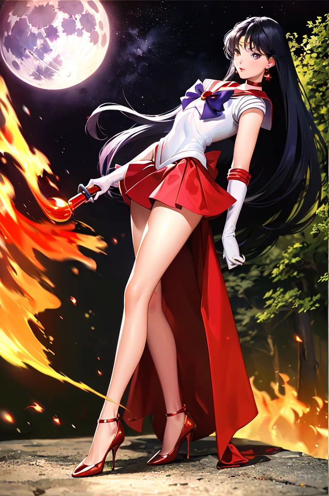 (solo, 1girl), (absurdres, highres, official wallpaper, poster), (masterpiece, best quality:1.2), (illustration, realistic), (perfect details, highest detailed, extreme detailed), dramatic light, ReiHino, (sailor mars, neck ribbon, long hair, circlet, jewelry, crescent earrings), (skirt, red dress, high heels), (standing), (full moon, forest, fire)