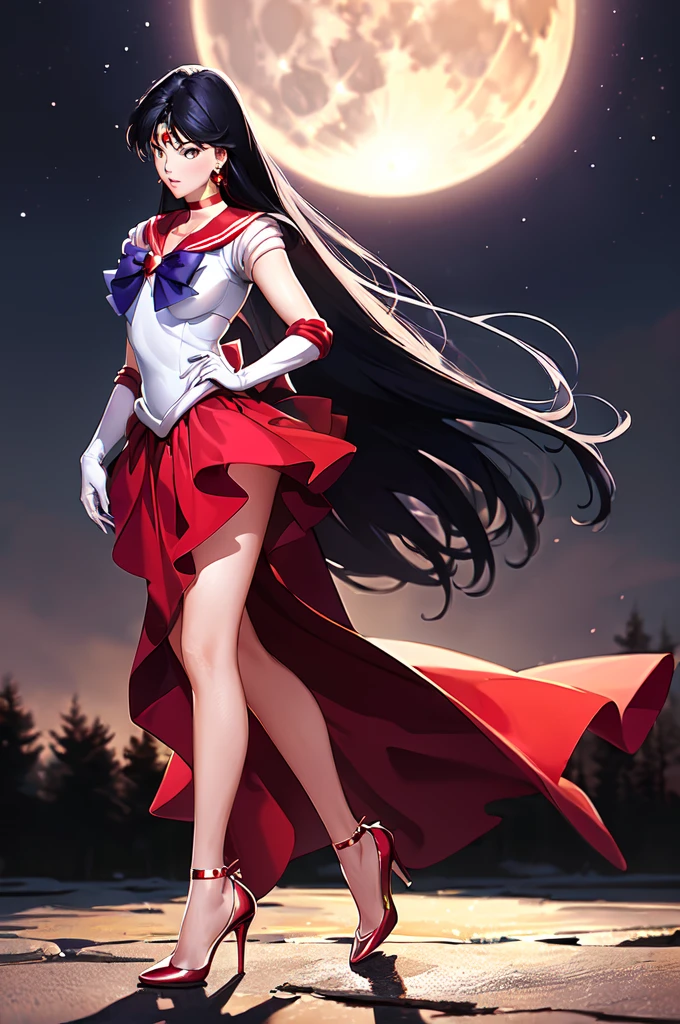 (solo, 1girl), (absurdres, highres, official wallpaper, poster), (masterpiece, best quality:1.2), (illustration, realistic), (perfect details, highest detailed, extreme detailed), dramatic light, ReiHino, (sailor mars, neck ribbon, long hair, circlet, jewelry, crescent earrings), (skirt, red dress, high heels), (standing), (full moon, forest, fire)