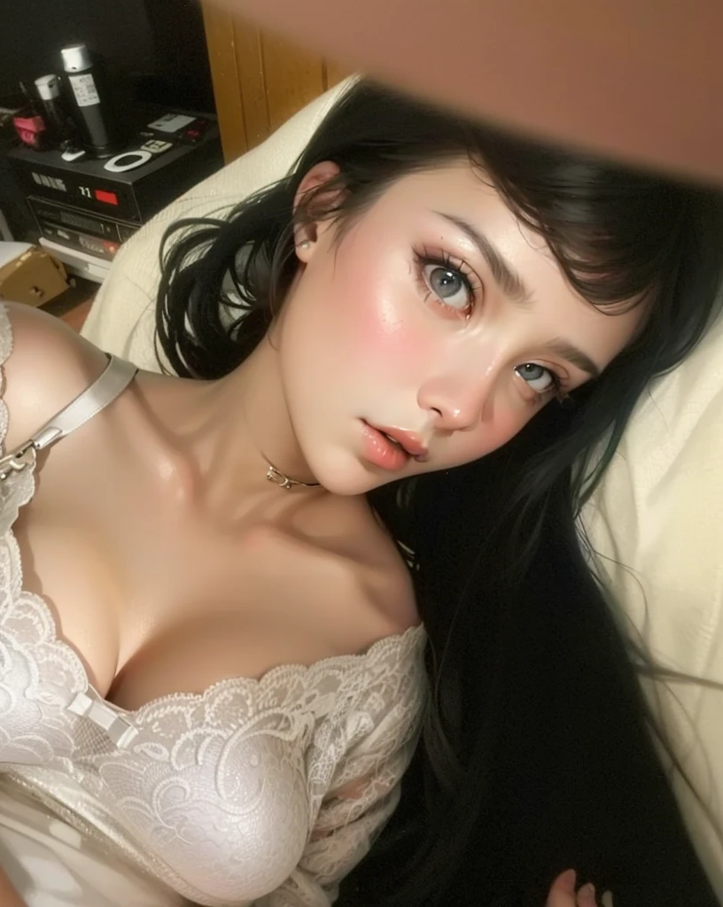 masterpiece, hinata\(boruto\), 1girl, mature women, (((Lace ribbon Cotton Nightdress))), (((selfie))), (((Close-up photo))), (((cleavage))), (((Closed Clothing))), (((big breasts))), (((big round breasts))), (((round breasts))), (((extremely heavy breasts))), (((Colossal tits))), (((heavy breasts))), (((plump breasts))), (((super big breasts))), (((super round breasts))), (((perfect breasts))), (((night))), (((Japanese lamp))), (((bokeh photos))), (shy face), detailed lips, beautiful face, blush, (pink lips), (((long hair))), white eyes, gentle gaze, smile, super realistic, detailed, realistic face and body, realistic hair, realistic eyes, realistic nose, realistic lips, seductive pose, (((straight bangs))), (dark blue hair), 28 year old girl