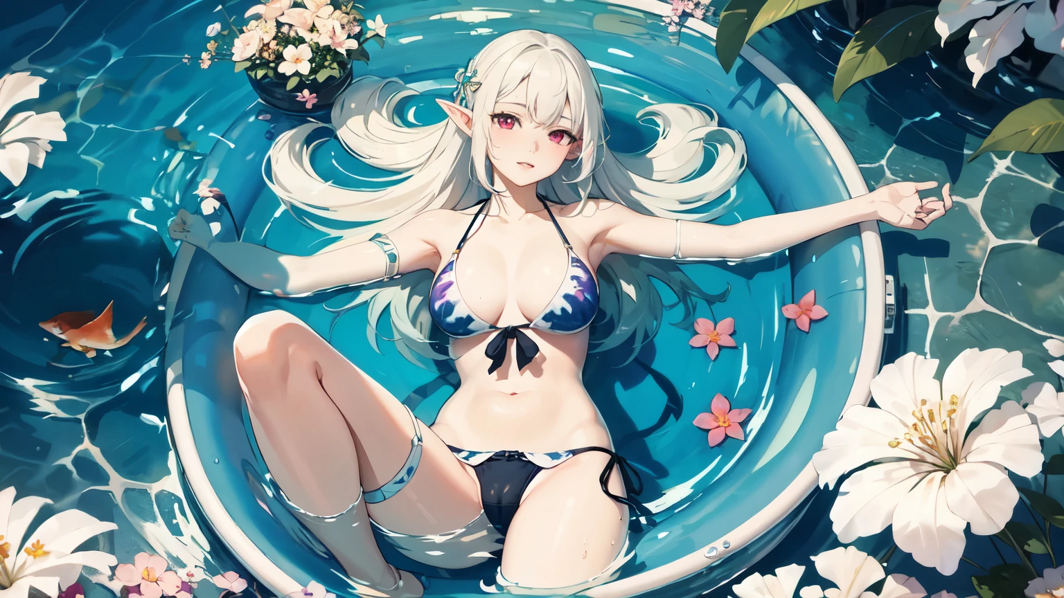 ((Highest quality)), ((masterpiece)), (detailed), 1 White-haired Elf Witch, Beautiful red eyes,sexy,In the sea,Seductive pose, dynamic poze,  Tie-dye bikini,Many flowers on the water surface,overhead shot,innertube,Show Panties,swim ring　, Five fingers