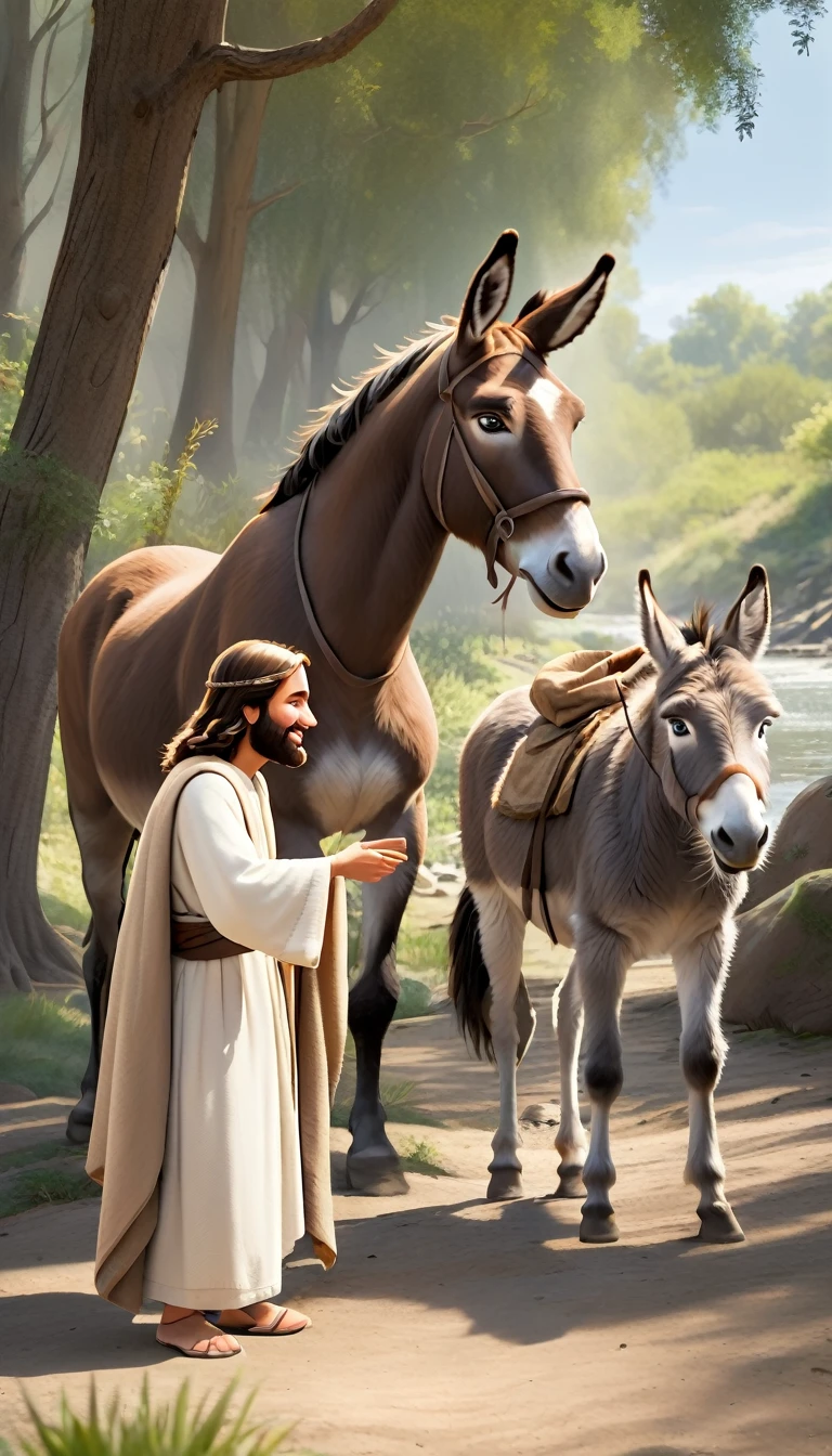 Jesus with brown robe and white sleeves, next to a donkey in the forest near the river, touching the donkey's head, pixar style, drawing ar 9:16 --s 250