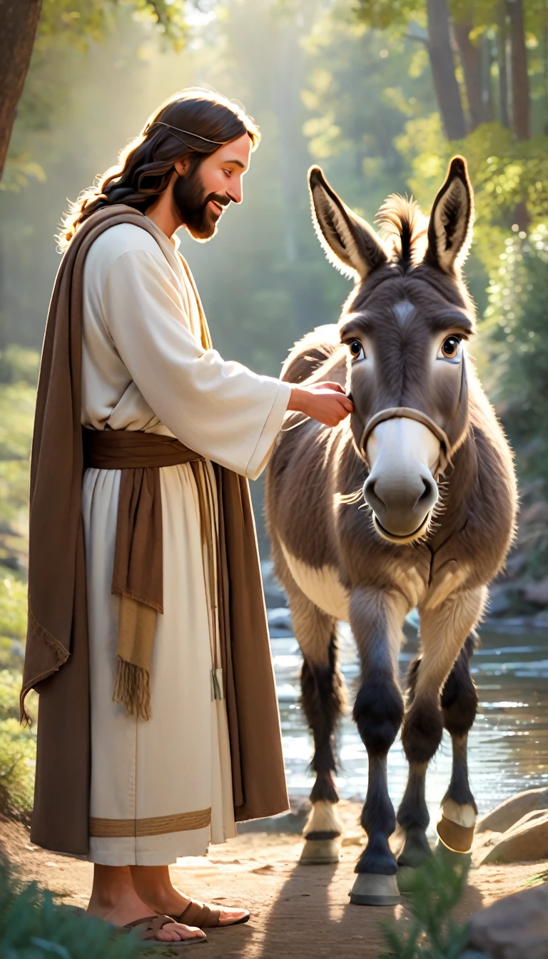 Jesus with brown robe and white sleeves, next to a donkey in the forest near the river, touching the donkey's head, pixar style, drawing ar 9:16 --s 250