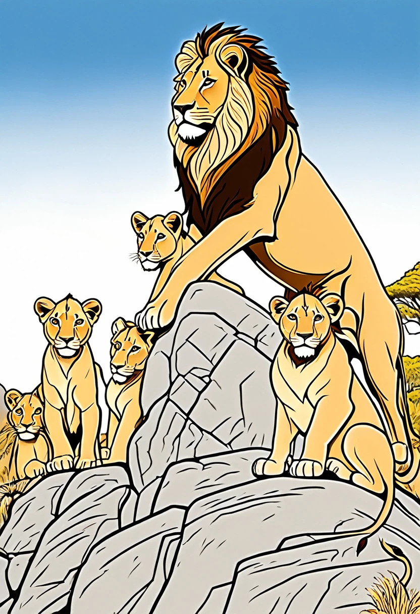 coloring page for kids, lion with lionesses and lion cubs all perched on a rocky outcrop in the Serengeti, cartoon style, thick lines, "Create a majestic coloring book featuring proud lions in various poses, from regal seated positions to prowling through savanna grasslands, with intricate mane details and African-inspired background elements."