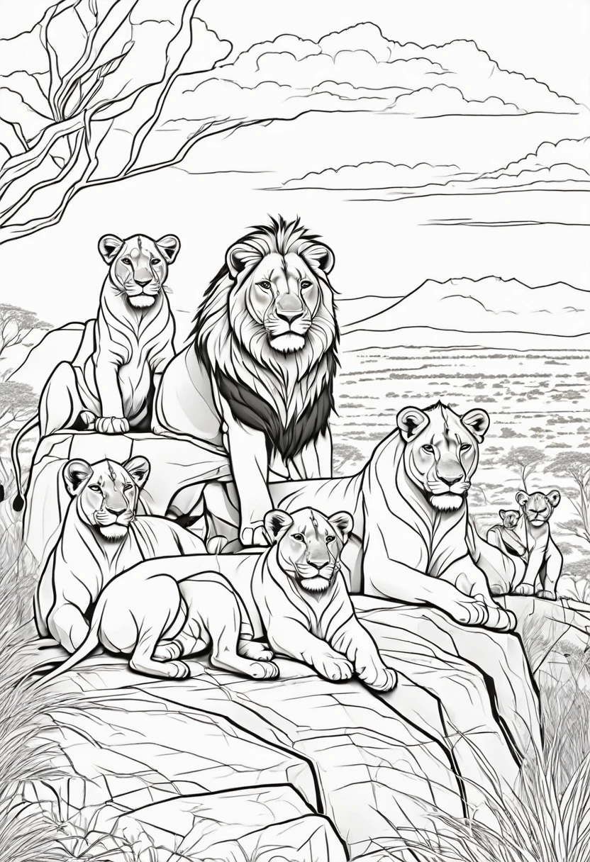 coloring page for kids, lion with lionesses and lion cubs all perched on a rocky outcrop in the Serengeti, cartoon style, thick lines, "Create a majestic coloring book featuring proud lions in various poses, from regal seated positions to prowling through savanna grasslands, with intricate mane details and African-inspired background elements."