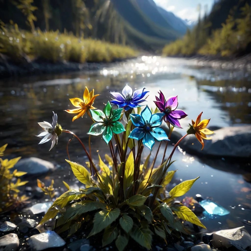 Cinematic still of a few beautiful pale rainbow color  glass flowers made out of glass in an Alaska River. Shallow depth of field, Vignette, Very detailed, High budget, Bokeh, CinemaScope, Sulky, amazing, nice, Film Grain, granular, ガラスof破片, Breaking Glass, ,ガラスof破片,Fragments are created_of_piece_broken_ガラスof光of粒子,   focus on flowers, strengthened