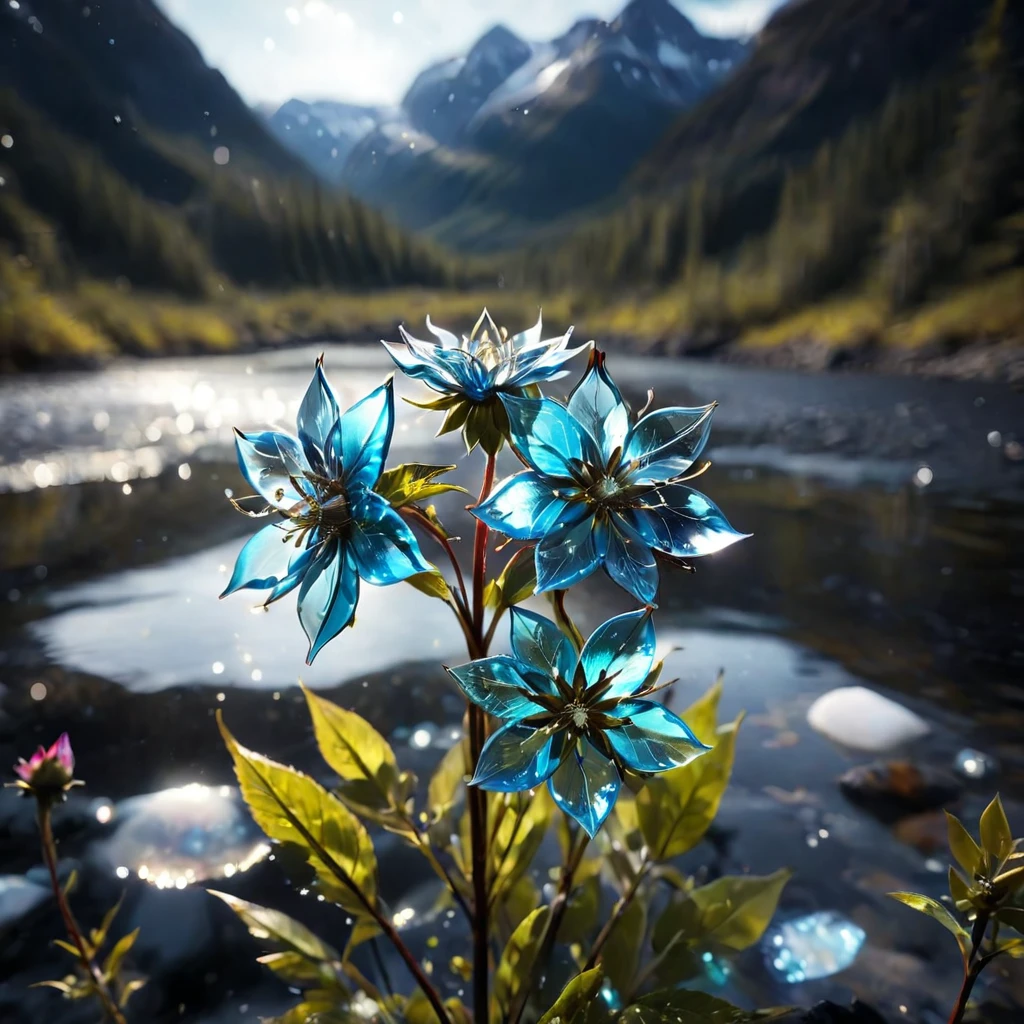 Cinematic still of a few beautiful pale rainbow color  glass flowers made out of glass in an Alaska River. Shallow depth of field, Vignette, Very detailed, High budget, Bokeh, CinemaScope, Sulky, amazing, nice, Film Grain, granular, ガラスof破片, Breaking Glass, ,ガラスof破片,Fragments are created_of_piece_broken_ガラスof光of粒子,   focus on flowers, strengthened