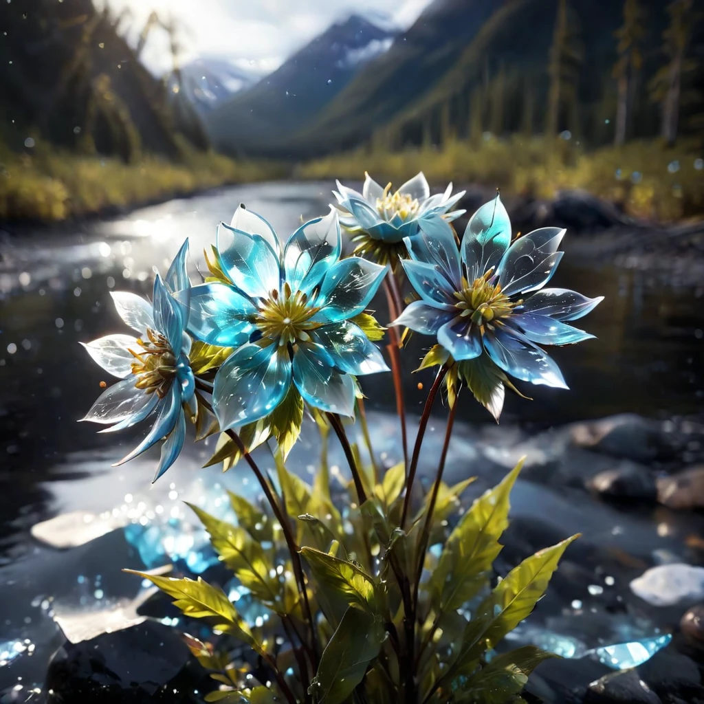 Cinematic still of a few beautiful pale rainbow color  glass flowers made out of glass in an Alaska River. Shallow depth of field, Vignette, Very detailed, High budget, Bokeh, CinemaScope, Sulky, amazing, nice, Film Grain, granular, ガラスof破片, Breaking Glass, ,ガラスof破片,Fragments are created_of_piece_broken_ガラスof光of粒子,   focus on flowers, strengthened