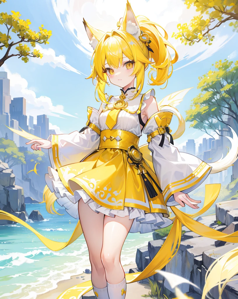 Bright yellow hair with high ponytail，The white and yellow clothes are decorated with gold accents，As cute and cute as a fairy, neko ears, white and yellow fox tail, scenery 