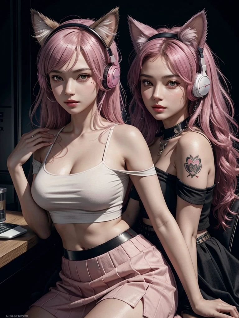 photorealistic, high resolution, soft light,1women, audult, solo, hips up, shining skin, (detailed face), jewelry, tattoo, cute girl, pink headphone, cat ears on headphone, gamer, t-shirt, off-shoulder, skirt