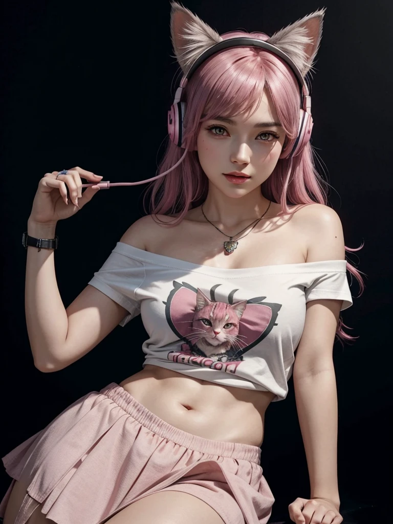 photorealistic, high resolution, soft light,1women, audult, solo, hips up, shining skin, (detailed face), jewelry, tattoo, cute girl, pink headphone, cat ears on headphone, gamer, t-shirt, off-shoulder, skirt