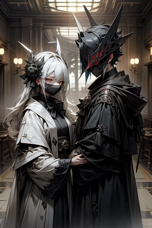 There were twins who belonged to an evil secret society.。They are wearing black and white coats。Put on a masquerade mask。