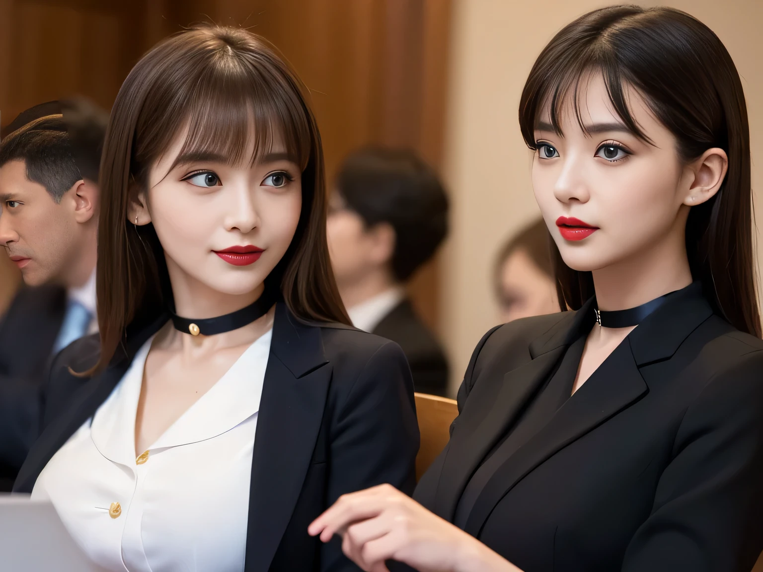 ((Highest quality, 8K, Representative works in detail, Ultra-high resolution)), (Looking at the audience), ((グラススクエアで話すFemale Employees)), Attractive woman, ((Big Breasts)), smile, ((Black Choker)), Slim figure, (blue eyes), Long eyelashes, bangs, Beautiful shiny brown hair, Nogizaka idol, Slim face、((suit,uniform))、Dependents、Female Employees、((In a meeting))、Bright red lipstick、Elegant woman,Noble