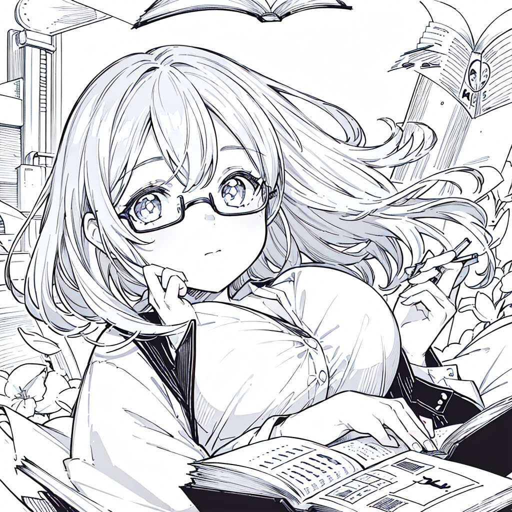 A girl,close up, wearing white shirt, reading a book, (best quality:1.3), (highres:1), (detailed:1.3), (incredible:1.3), (perfect:1.3), (perfection:1.3), (illustration:1.3), she's getting fun while reading it, dynamic on scene,Big Breasts、Glasses