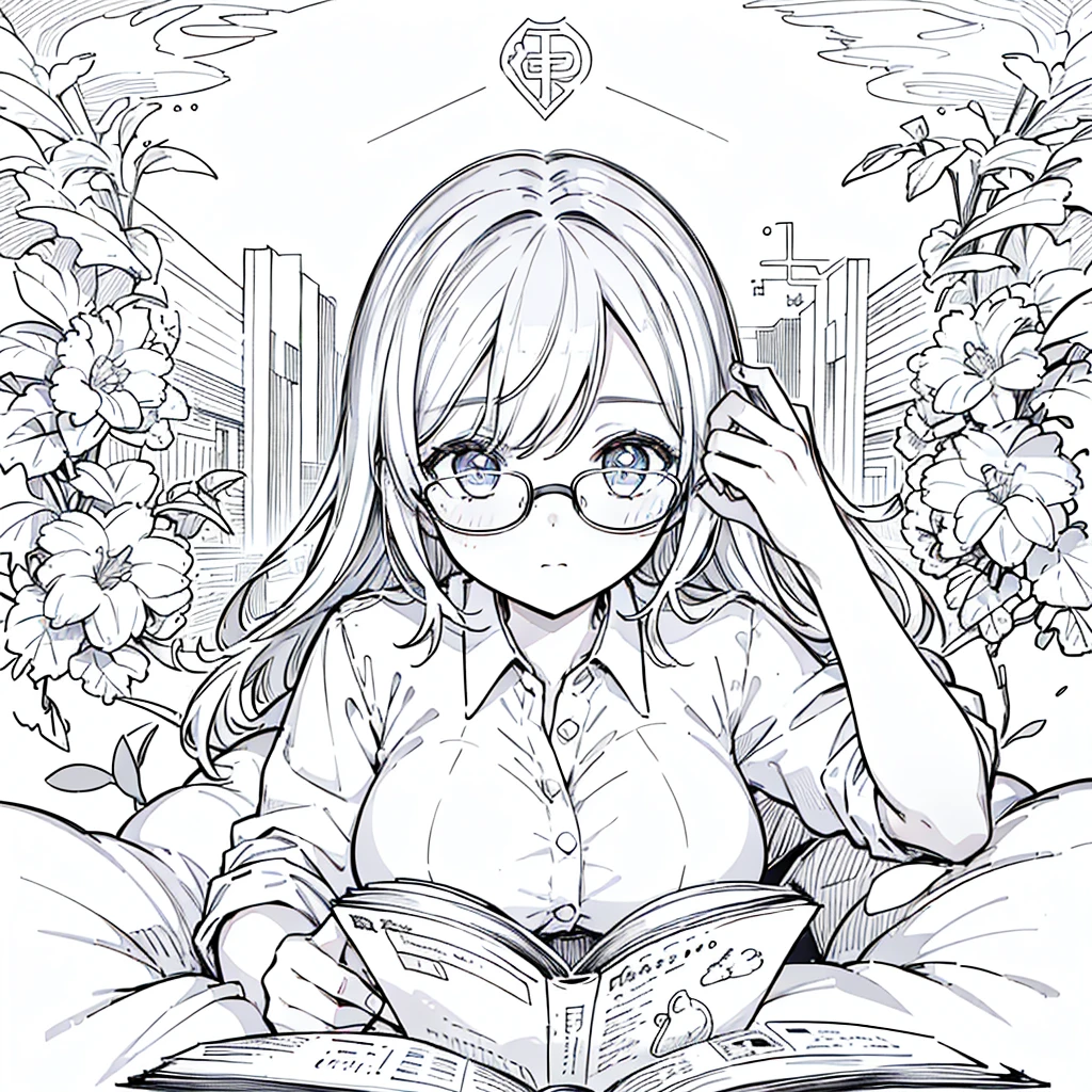 A girl,close up, wearing white shirt, reading a book, (best quality:1.3), (highres:1), (detailed:1.3), (incredible:1.3), (perfect:1.3), (perfection:1.3), (illustration:1.3), she's getting fun while reading it, dynamic on scene,Big Breasts、Glasses