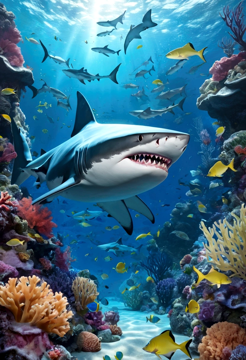 Fantasy Undersea，（（（Shark elf girl has a shark-like appearance，Shark features are obvious））），blue eyes，((Sharp fangs，Squamous skin)), Shark fin feature on back，Perfect proportion, Beautiful Body，View from behind,，Floating in seaweed underwater fantasy scene, coral, And tropical fish, Detailed and realistic 3D rendering, light, Bright colors, Concept art style